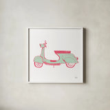 Road Trip Vespa Pink Green by Michael Mullan. Shown in a crisp white glass frame for a clean and minimalist style. Available as an archival giclee rolled canvas, fine art paper, or poster print. SKU 52913a.