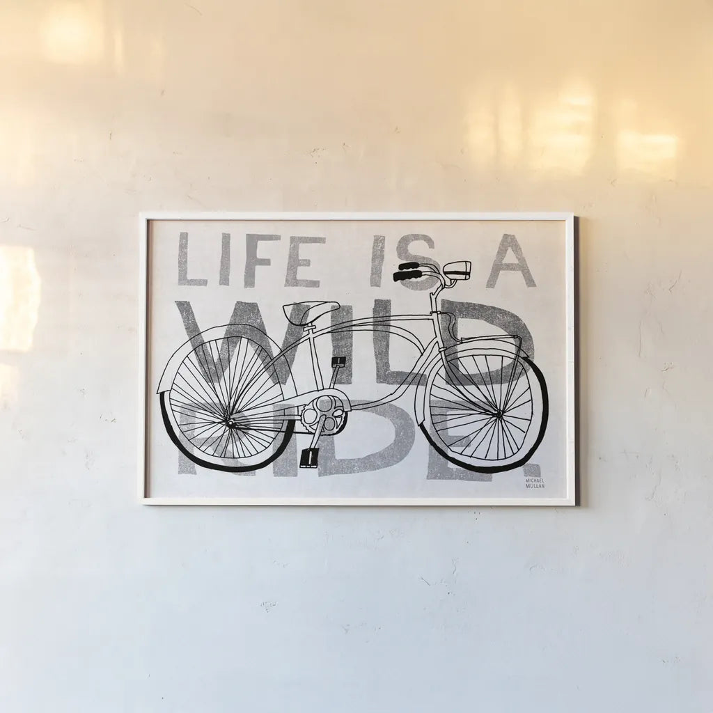 Road Trip Wild Ride BW by Michael Mullan. shown as a paper print in a white frame. Available as a archival giclee rolled canvas, fine art paper, or poster print. SKU 32586i.
