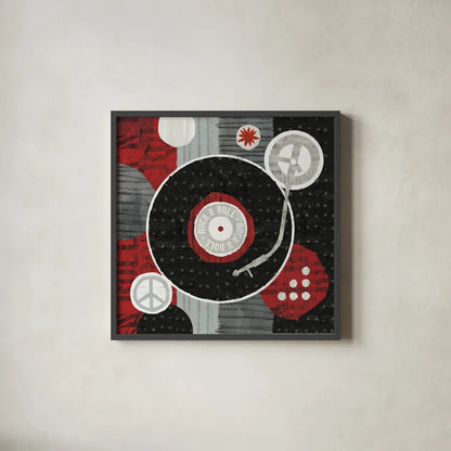 Rock N Roll Album by Michael Mullan. Shown in a sleek black glass frame for a contemporary gallery look. Available as an archival giclee rolled canvas, fine art paper, or poster print. SKU 6403a.