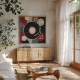 Rock N Roll Album by Michael Mullan. Shown in a natural wood frame in a cozy modern living room. Available as an archival giclee rolled canvas, fine art paper, or poster print. SKU 6403a.