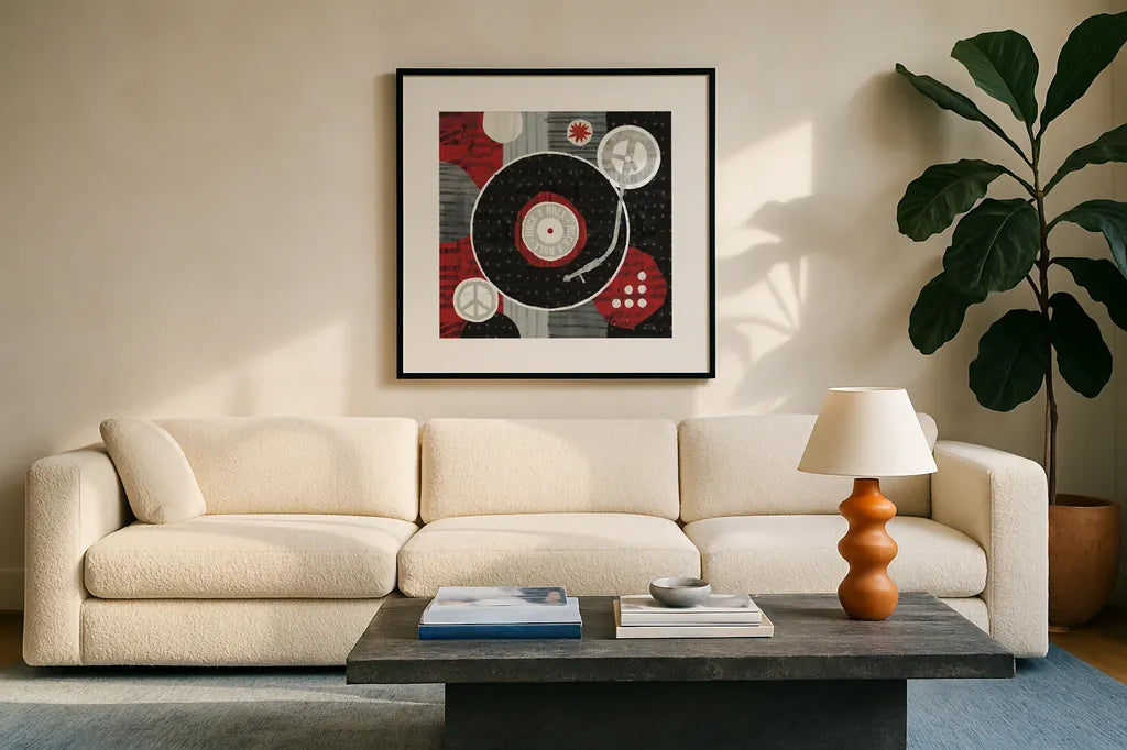 Rock N Roll Album by Michael Mullan. Displayed in a glass frame with matte in a clean modern living room. Available as an archival giclee rolled canvas, fine art paper, or poster print. SKU 6403a.