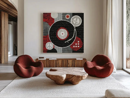 Rock N Roll Album by Michael Mullan. Shown as extra-large giant wall art in a modern living room. Available as an archival giclee rolled canvas, fine art paper, or poster print. SKU 6403a.