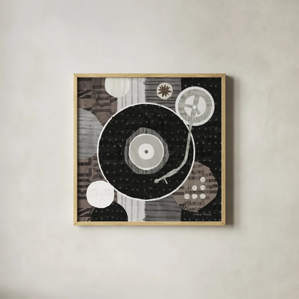 Rock N Roll Album Neutral by Michael Mullan. Shown in a natural wood glass frame for a timeless modern aesthetic. Available as an archival giclee rolled canvas, fine art paper, or poster print. SKU 50186a.