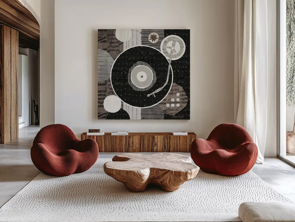 Rock N Roll Album Neutral by Michael Mullan. Shown as extra-large giant wall art in a modern living room. Available as an archival giclee rolled canvas, fine art paper, or poster print. SKU 50186a.