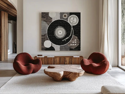 Rock N Roll Album Neutral by Michael Mullan. Shown as extra-large giant wall art in a modern living room. Available as an archival giclee rolled canvas, fine art paper, or poster print. SKU 50186a.