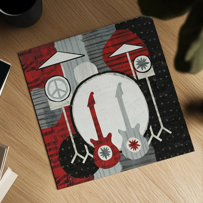 Rock N Roll Drums by Michael Mullan. Shown as a detailed flat fine art print, highlighting archival giclee quality. Available as an archival giclee rolled canvas, fine art paper, or poster print. SKU 6401a.