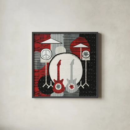 Rock N Roll Drums by Michael Mullan. Shown in a sleek black glass frame for a contemporary gallery look. Available as an archival giclee rolled canvas, fine art paper, or poster print. SKU 6401a.