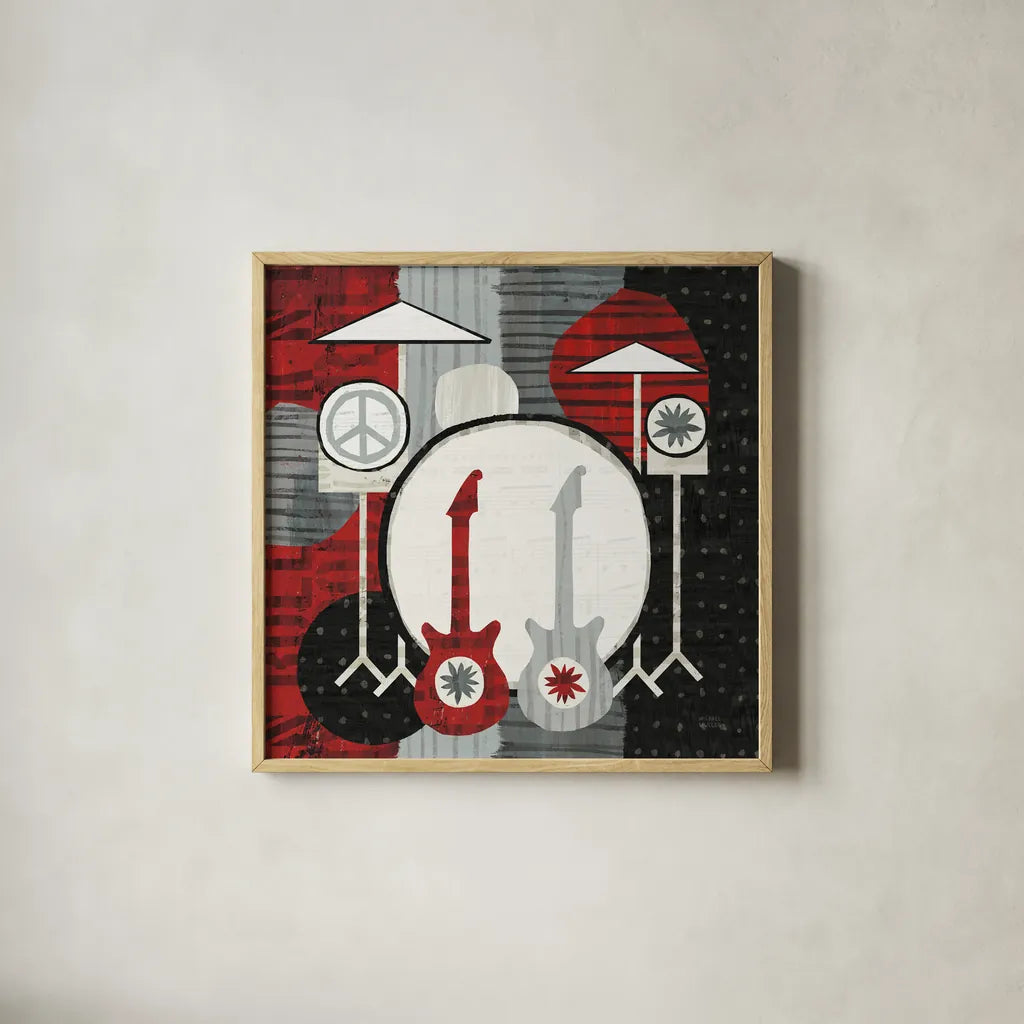 Rock N Roll Drums by Michael Mullan. Shown in a natural wood glass frame for a timeless modern aesthetic. Available as an archival giclee rolled canvas, fine art paper, or poster print. SKU 6401a.
