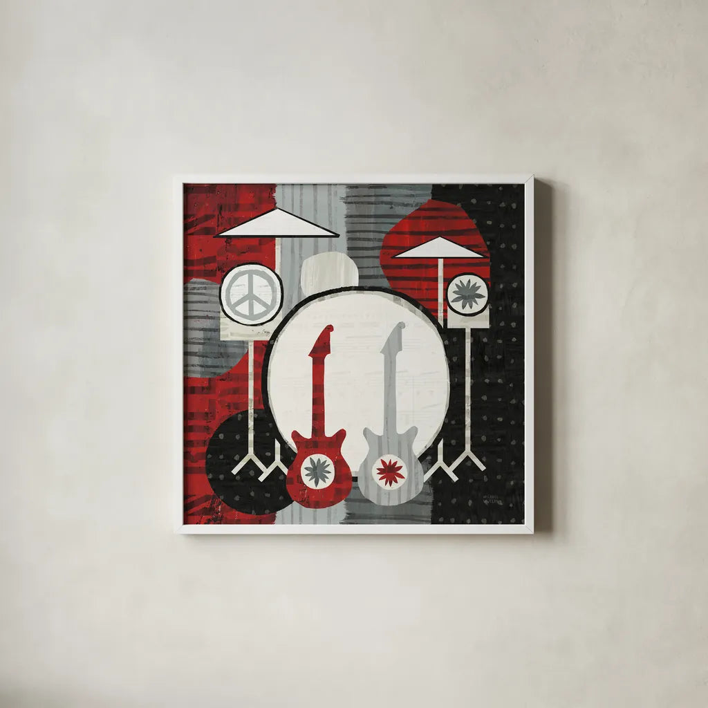 Rock N Roll Drums by Michael Mullan. Shown in a crisp white glass frame for a clean and minimalist style. Available as an archival giclee rolled canvas, fine art paper, or poster print. SKU 6401a.