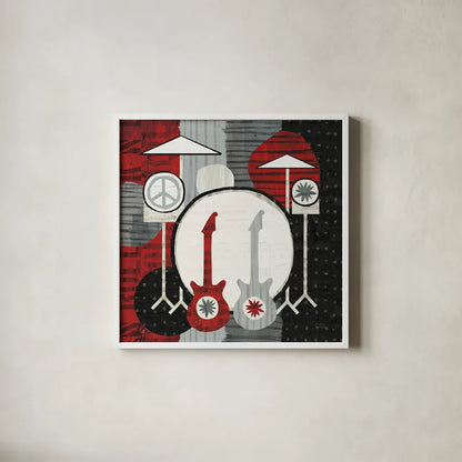 Rock N Roll Drums by Michael Mullan. Shown in a crisp white glass frame for a clean and minimalist style. Available as an archival giclee rolled canvas, fine art paper, or poster print. SKU 6401a.