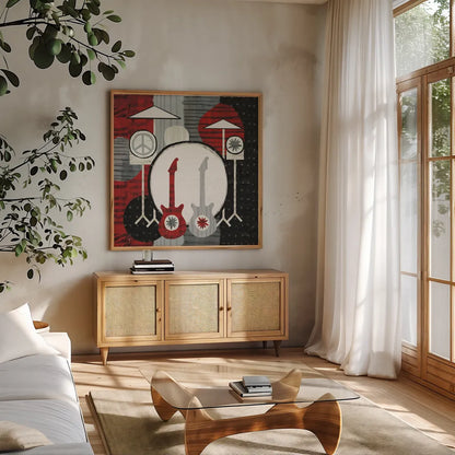 Rock N Roll Drums by Michael Mullan. Shown in a natural wood frame in a cozy modern living room. Available as an archival giclee rolled canvas, fine art paper, or poster print. SKU 6401a.