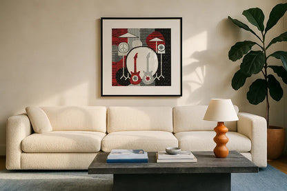 Rock N Roll Drums by Michael Mullan. Displayed in a glass frame with matte in a clean modern living room. Available as an archival giclee rolled canvas, fine art paper, or poster print. SKU 6401a.