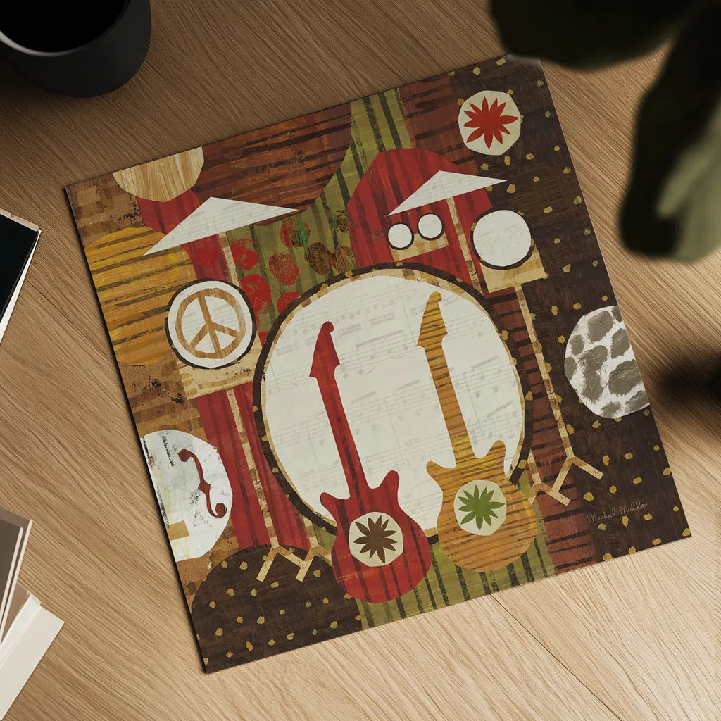 Rock N Roll Drums Brown by Michael Mullan. Shown as a detailed flat fine art print, highlighting archival giclee quality. Available as an archival giclee rolled canvas, fine art paper, or poster print. SKU 50530a.