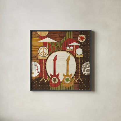 Rock N Roll Drums Brown by Michael Mullan. Shown in a sleek black glass frame for a contemporary gallery look. Available as an archival giclee rolled canvas, fine art paper, or poster print. SKU 50530a.