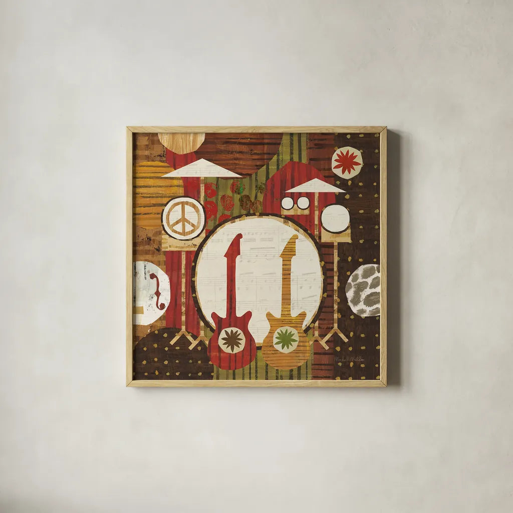 Rock N Roll Drums Brown by Michael Mullan. Shown in a natural wood glass frame for a timeless modern aesthetic. Available as an archival giclee rolled canvas, fine art paper, or poster print. SKU 50530a.