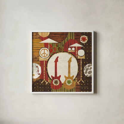 Rock N Roll Drums Brown by Michael Mullan. Shown in a crisp white glass frame for a clean and minimalist style. Available as an archival giclee rolled canvas, fine art paper, or poster print. SKU 50530a.