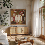 Rock N Roll Drums Brown by Michael Mullan. Shown in a natural wood frame in a cozy modern living room. Available as an archival giclee rolled canvas, fine art paper, or poster print. SKU 50530a.