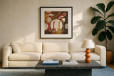 Rock N Roll Drums Brown by Michael Mullan. Displayed in a glass frame with matte in a clean modern living room. Available as an archival giclee rolled canvas, fine art paper, or poster print. SKU 50530a.