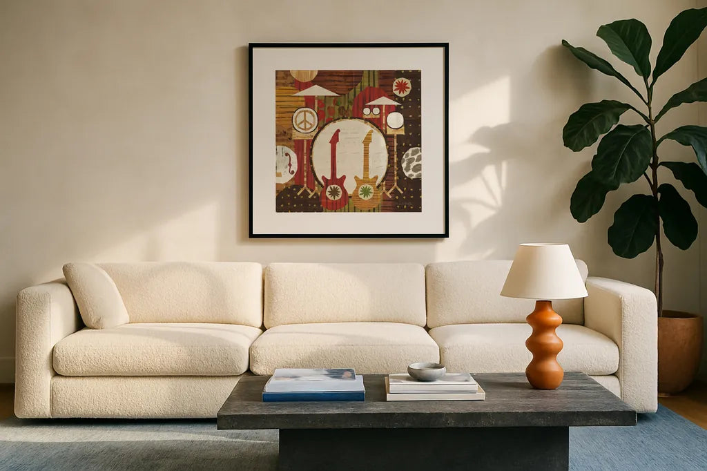 Rock N Roll Drums Brown by Michael Mullan. Displayed in a glass frame with matte in a clean modern living room. Available as an archival giclee rolled canvas, fine art paper, or poster print. SKU 50530a.