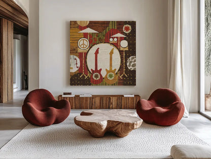 Rock N Roll Drums Brown by Michael Mullan. Shown as extra-large giant wall art in a modern living room. Available as an archival giclee rolled canvas, fine art paper, or poster print. SKU 50530a.