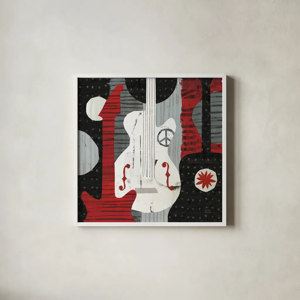Rock N Roll Guitars by Michael Mullan. Shown in a crisp white glass frame for a clean and minimalist style. Available as an archival giclee rolled canvas, fine art paper, or poster print. SKU 6400a.