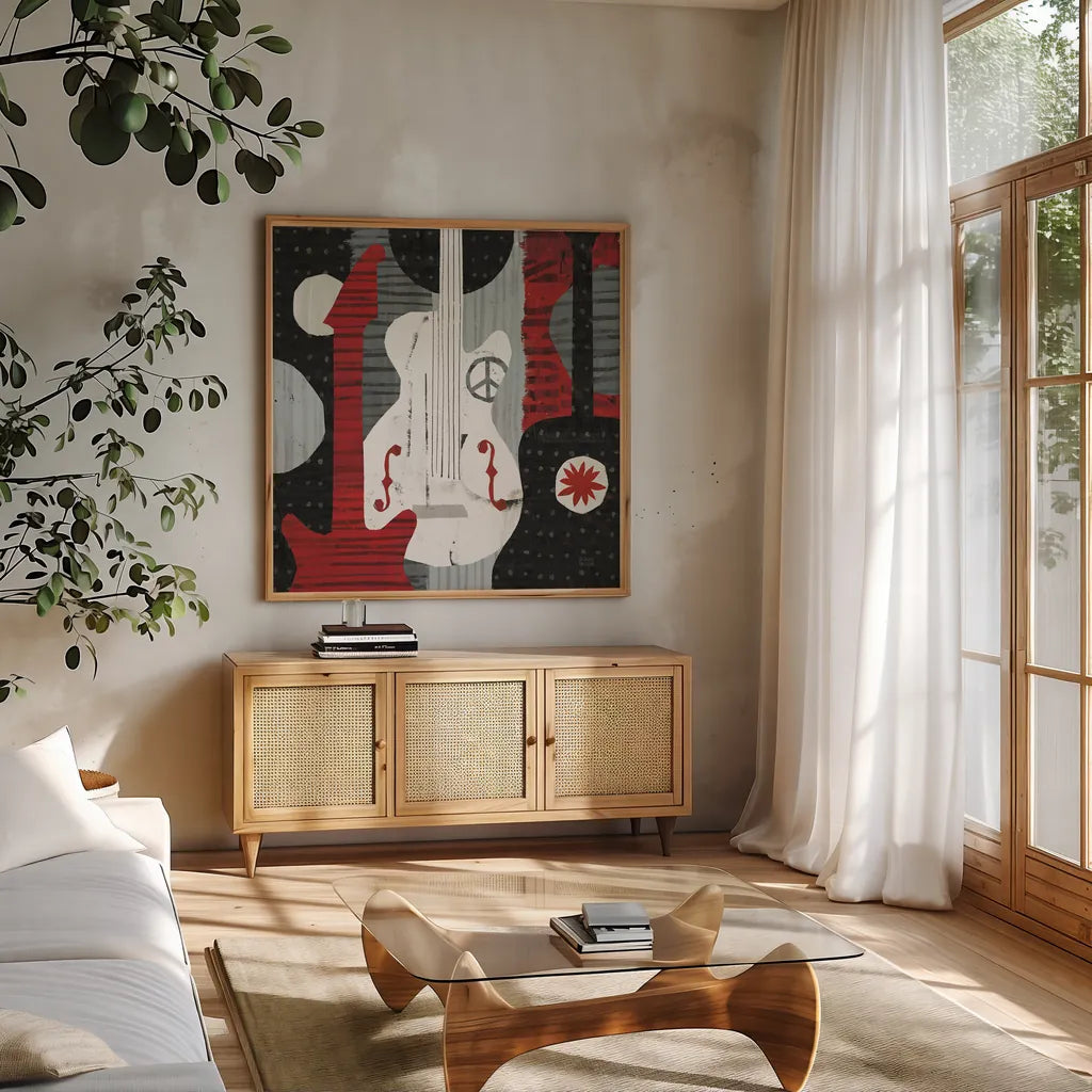 Rock N Roll Guitars by Michael Mullan. Shown in a natural wood frame in a cozy modern living room. Available as an archival giclee rolled canvas, fine art paper, or poster print. SKU 6400a.