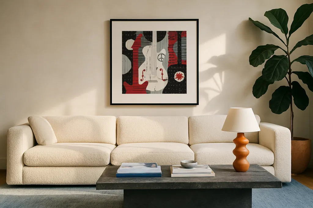 Rock N Roll Guitars by Michael Mullan. Displayed in a glass frame with matte in a clean modern living room. Available as an archival giclee rolled canvas, fine art paper, or poster print. SKU 6400a.
