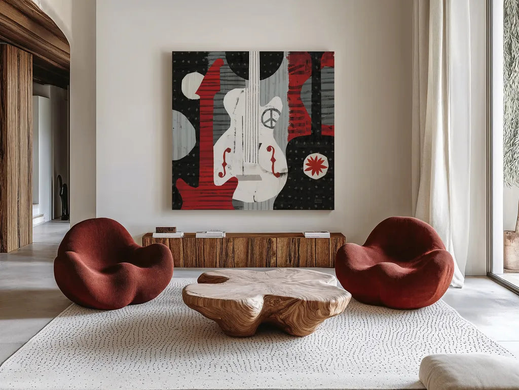 Rock N Roll Guitars by Michael Mullan. Shown as extra-large giant wall art in a modern living room. Available as an archival giclee rolled canvas, fine art paper, or poster print. SKU 6400a.
