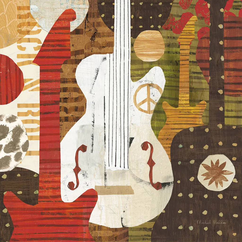 Rock N Roll Guitars Brown by Michael Mullan. SKU 50531a. Archival Giclee Fine art print for wall decor.