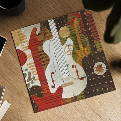 Rock N Roll Guitars Brown by Michael Mullan. Shown as a detailed flat fine art print, highlighting archival giclee quality. Available as an archival giclee rolled canvas, fine art paper, or poster print. SKU 50531a.