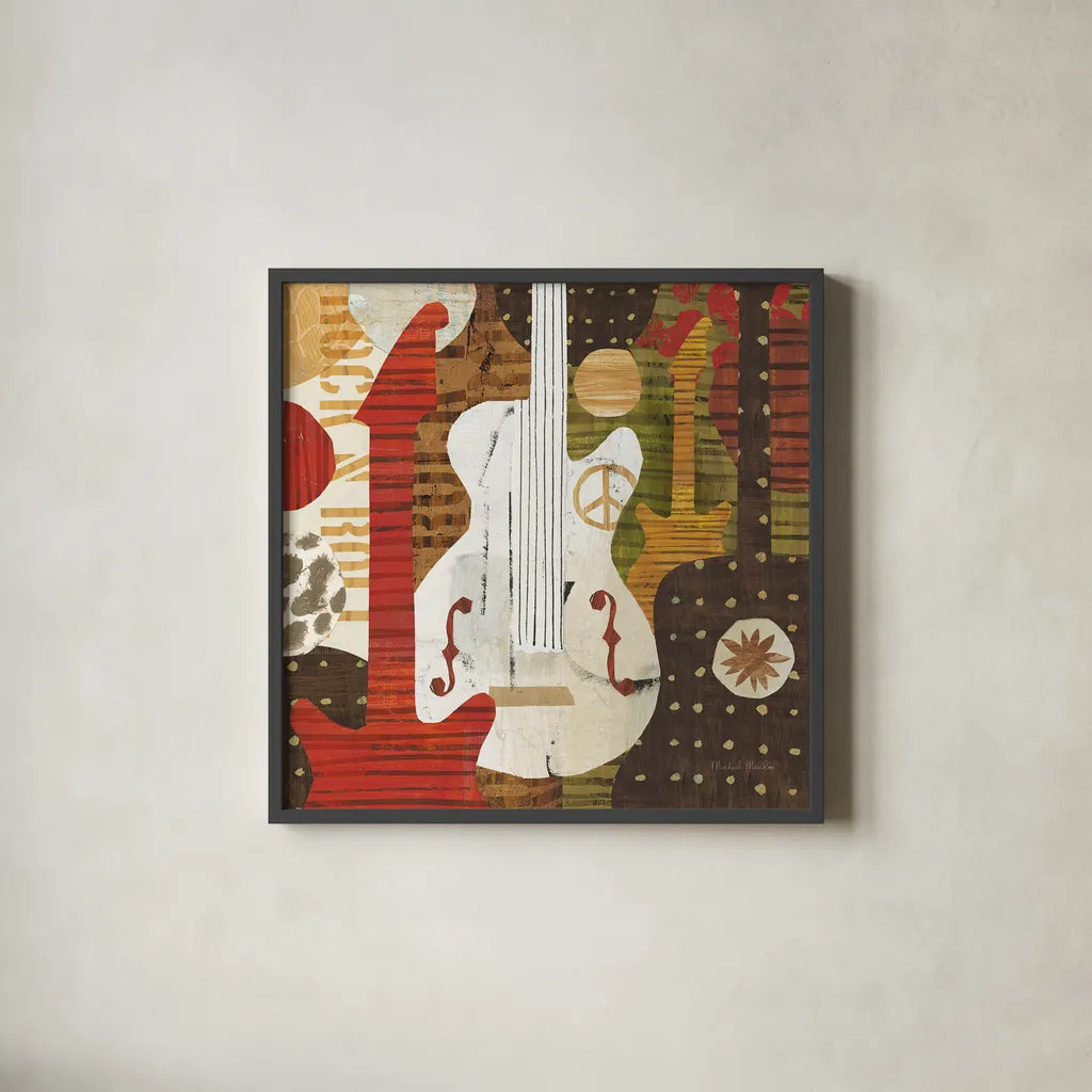 Rock N Roll Guitars Brown by Michael Mullan. Shown in a sleek black glass frame for a contemporary gallery look. Available as an archival giclee rolled canvas, fine art paper, or poster print. SKU 50531a.