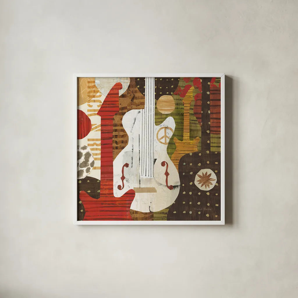 Rock N Roll Guitars Brown by Michael Mullan. Shown in a crisp white glass frame for a clean and minimalist style. Available as an archival giclee rolled canvas, fine art paper, or poster print. SKU 50531a.