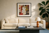 Rock N Roll Guitars Brown by Michael Mullan. Displayed in a glass frame with matte in a clean modern living room. Available as an archival giclee rolled canvas, fine art paper, or poster print. SKU 50531a.