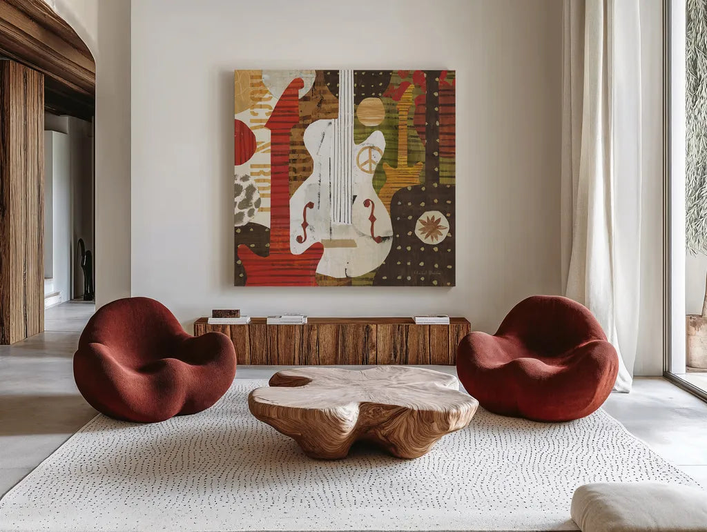 Rock N Roll Guitars Brown by Michael Mullan. Shown as extra-large giant wall art in a modern living room. Available as an archival giclee rolled canvas, fine art paper, or poster print. SKU 50531a.