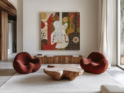 Rock N Roll Guitars Brown by Michael Mullan. Shown as extra-large giant wall art in a modern living room. Available as an archival giclee rolled canvas, fine art paper, or poster print. SKU 50531a.