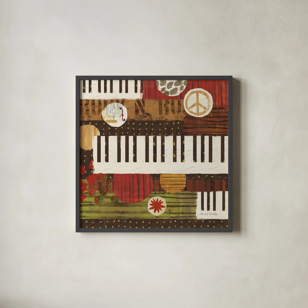 Rock N Roll Keys by Michael Mullan. Shown in a sleek black glass frame for a contemporary gallery look. Available as an archival giclee rolled canvas, fine art paper, or poster print. SKU 50532a.