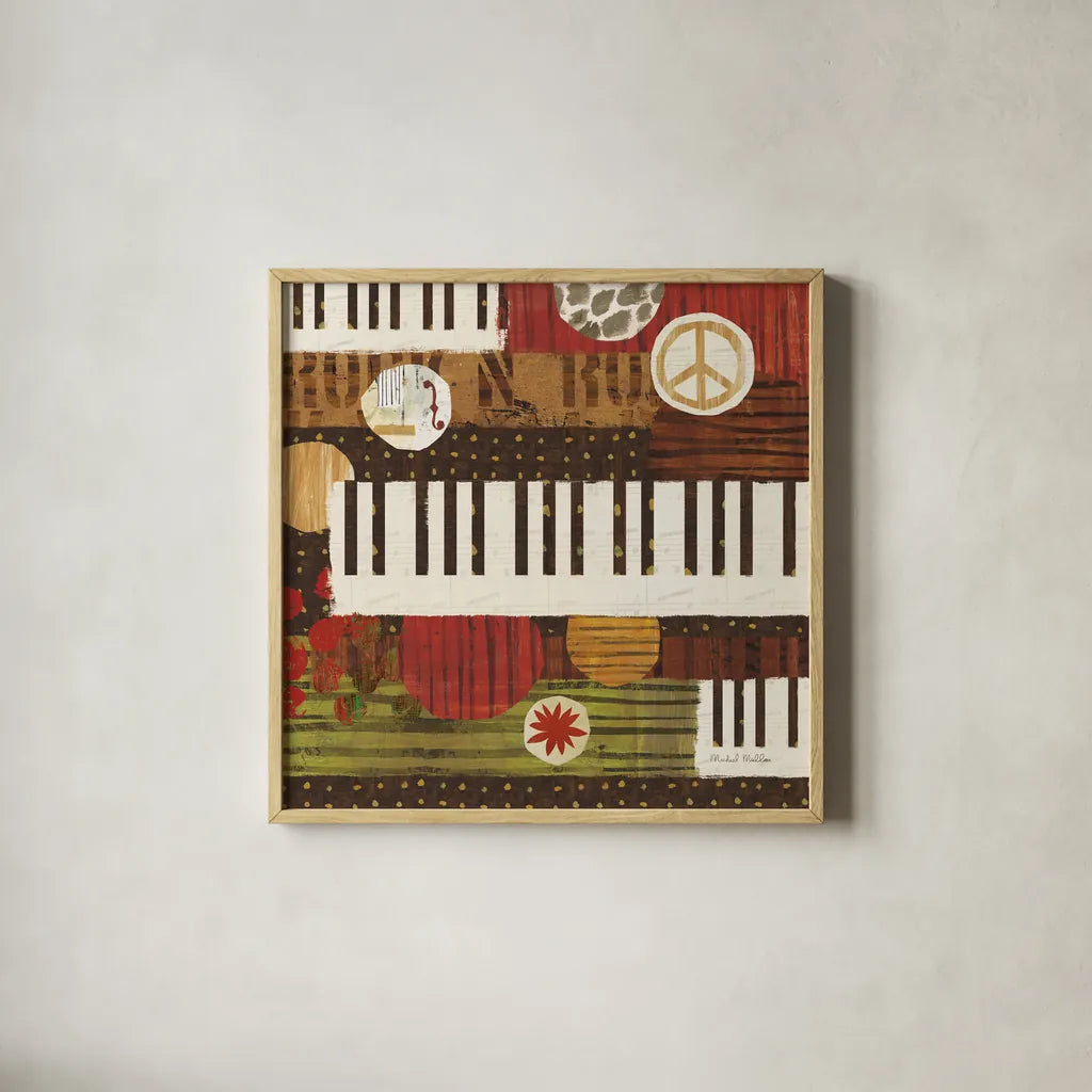Rock N Roll Keys by Michael Mullan. Shown in a natural wood glass frame for a timeless modern aesthetic. Available as an archival giclee rolled canvas, fine art paper, or poster print. SKU 50532a.