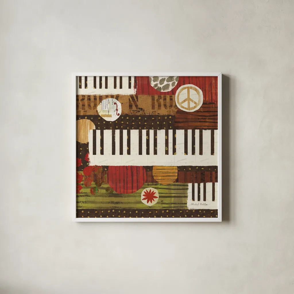 Rock N Roll Keys by Michael Mullan. Shown in a crisp white glass frame for a clean and minimalist style. Available as an archival giclee rolled canvas, fine art paper, or poster print. SKU 50532a.