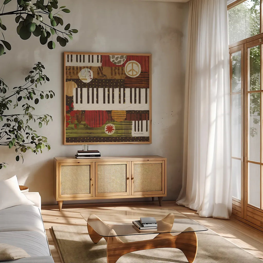 Rock N Roll Keys by Michael Mullan. Shown in a natural wood frame in a cozy modern living room. Available as an archival giclee rolled canvas, fine art paper, or poster print. SKU 50532a.