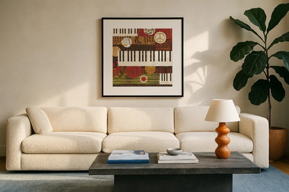 Rock N Roll Keys by Michael Mullan. Displayed in a glass frame with matte in a clean modern living room. Available as an archival giclee rolled canvas, fine art paper, or poster print. SKU 50532a.
