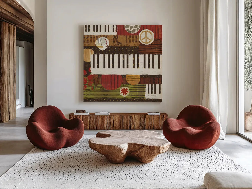 Rock N Roll Keys by Michael Mullan. Shown as extra-large giant wall art in a modern living room. Available as an archival giclee rolled canvas, fine art paper, or poster print. SKU 50532a.