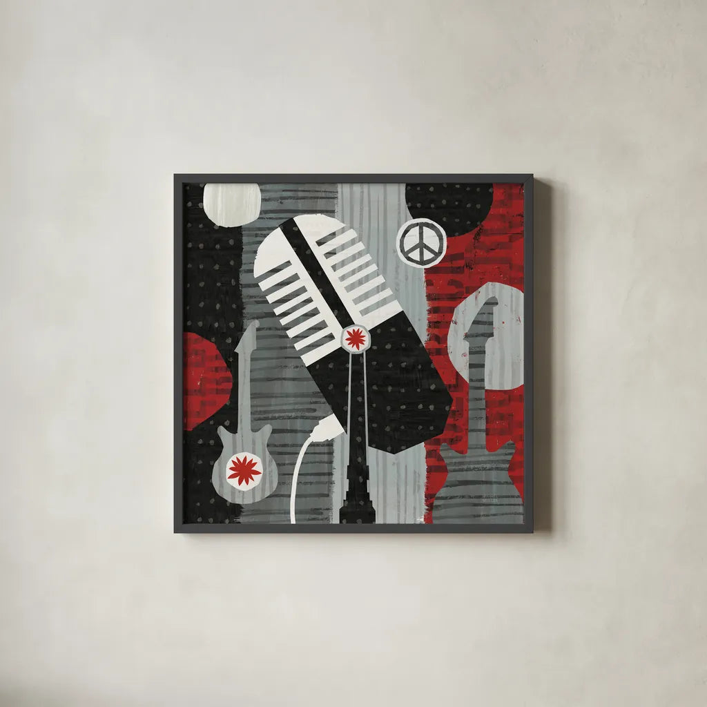 Rock N Roll Mic by Michael Mullan. Shown in a sleek black glass frame for a contemporary gallery look. Available as an archival giclee rolled canvas, fine art paper, or poster print. SKU 6402a.
