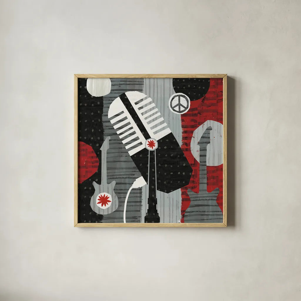 Rock N Roll Mic by Michael Mullan. Shown in a natural wood glass frame for a timeless modern aesthetic. Available as an archival giclee rolled canvas, fine art paper, or poster print. SKU 6402a.