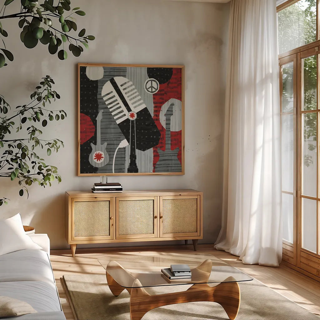 Rock N Roll Mic by Michael Mullan. Shown in a natural wood frame in a cozy modern living room. Available as an archival giclee rolled canvas, fine art paper, or poster print. SKU 6402a.