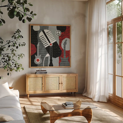 Rock N Roll Mic by Michael Mullan. Shown in a natural wood frame in a cozy modern living room. Available as an archival giclee rolled canvas, fine art paper, or poster print. SKU 6402a.