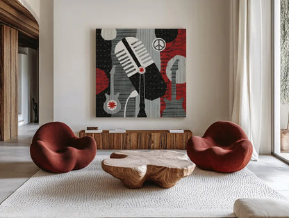 Rock N Roll Mic by Michael Mullan. Shown as extra-large giant wall art in a modern living room. Available as an archival giclee rolled canvas, fine art paper, or poster print. SKU 6402a.