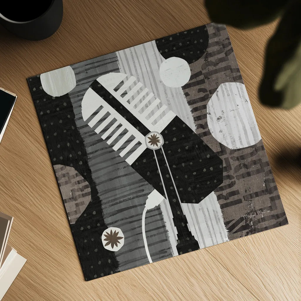 Rock N Roll Mic Neutral by Michael Mullan. Shown as a detailed flat fine art print, highlighting archival giclee quality. Available as an archival giclee rolled canvas, fine art paper, or poster print. SKU 50185a.