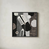 Rock N Roll Mic Neutral by Michael Mullan. Shown in a sleek black glass frame for a contemporary gallery look. Available as an archival giclee rolled canvas, fine art paper, or poster print. SKU 50185a.
