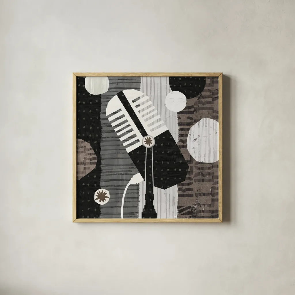 Rock N Roll Mic Neutral by Michael Mullan. Shown in a natural wood glass frame for a timeless modern aesthetic. Available as an archival giclee rolled canvas, fine art paper, or poster print. SKU 50185a.