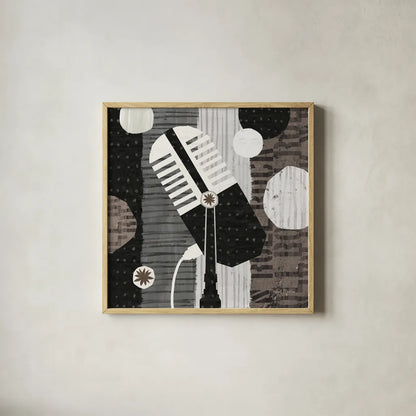 Rock N Roll Mic Neutral by Michael Mullan. Shown in a natural wood glass frame for a timeless modern aesthetic. Available as an archival giclee rolled canvas, fine art paper, or poster print. SKU 50185a.